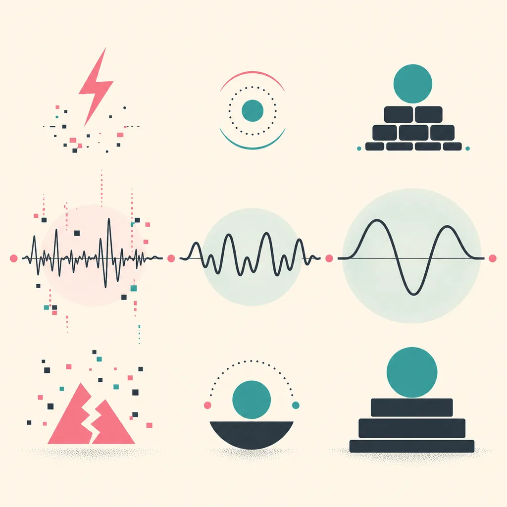 Editorial diagram comparing small, balanced, and large audio buffer behavior