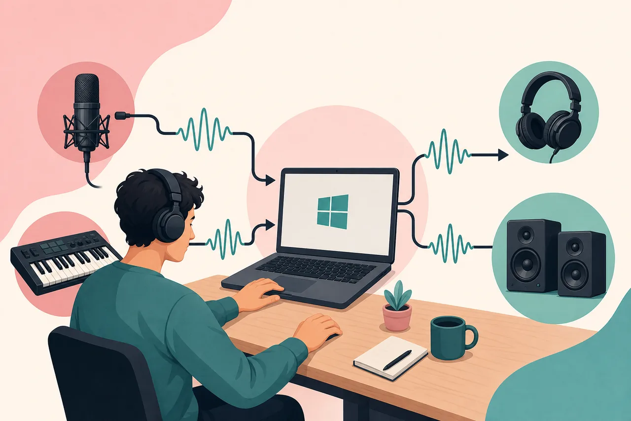 Editorial illustration of a Windows music setup routing microphone and keyboard audio to headphones and speakers