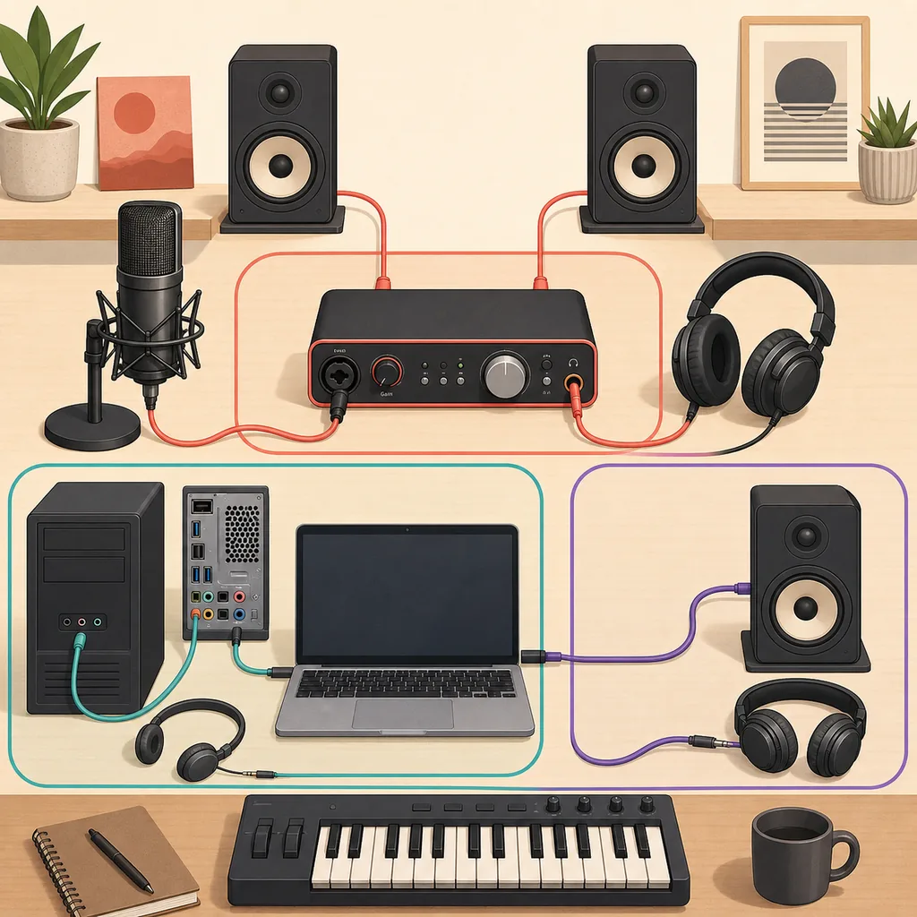 Editorial illustration of an audio interface, laptop, microphone, speakers, and headphones arranged as three comparison paths
