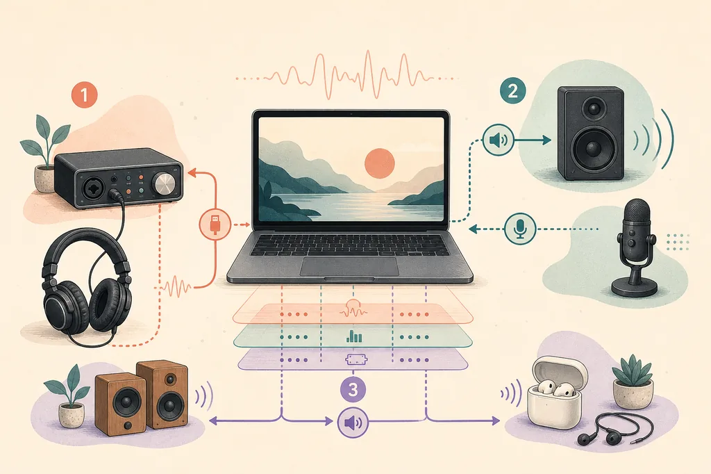 Editorial illustration of three Windows audio routing paths around a laptop, interface, microphone, speakers, and headphones