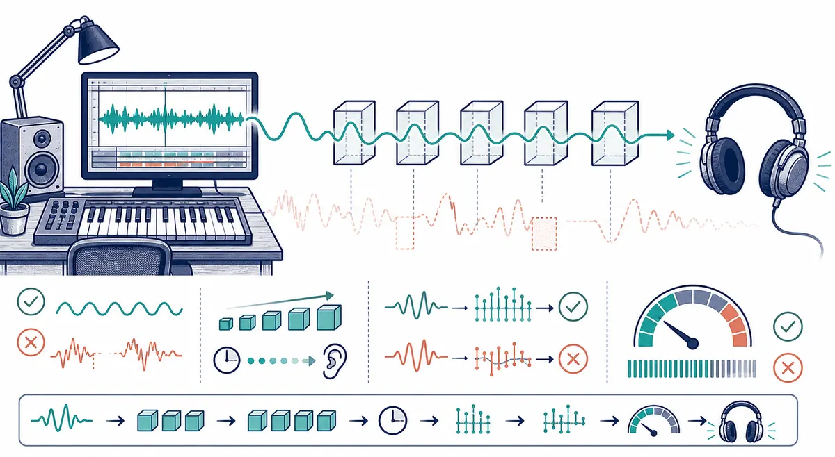 Editorial diagram showing a stable audio waveform passing through buffer blocks to headphones