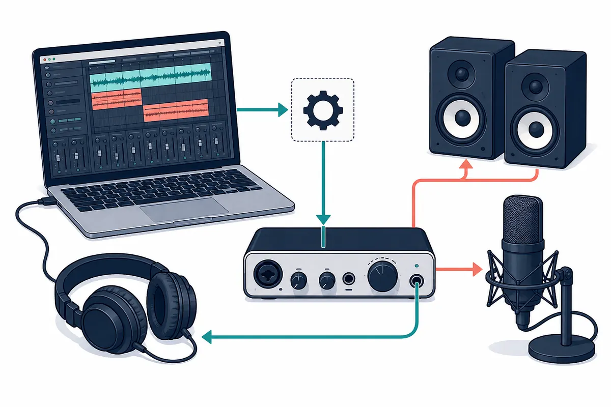 Editorial diagram of a DAW, audio interface, speakers, microphone, and headphones connected by highlighted signal paths