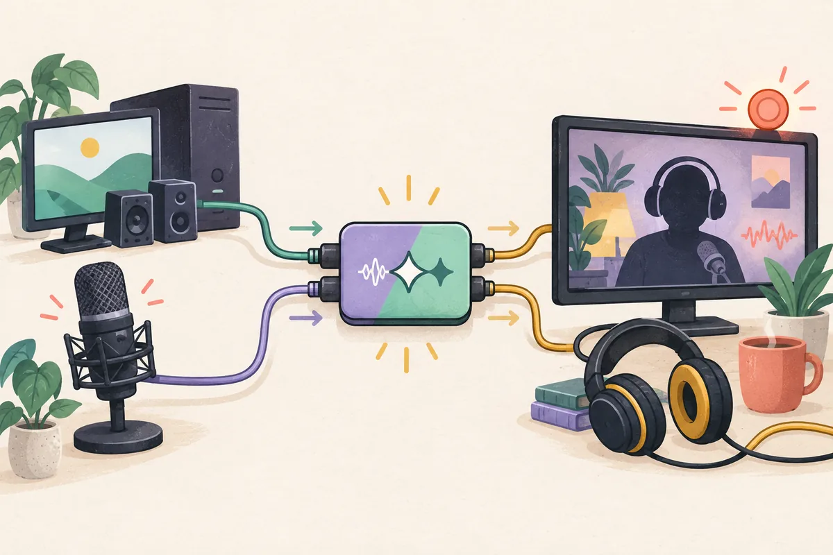 Editorial illustration showing a microphone and Windows audio device passing through an ASIO4ALL bridge into an OBS recording scene
