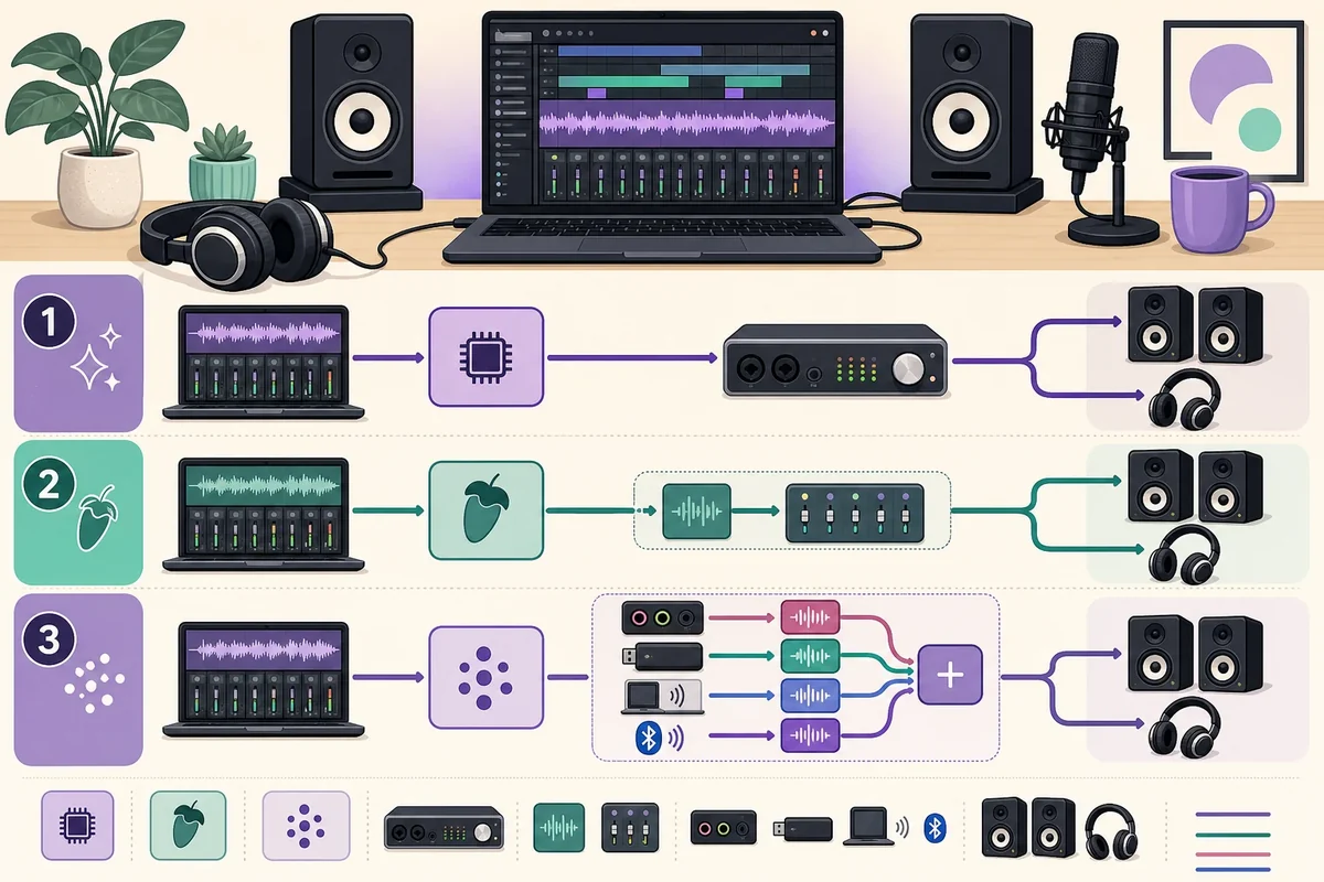 Editorial comparison diagram showing native ASIO, FL Studio ASIO, and ASIO4ALL audio paths